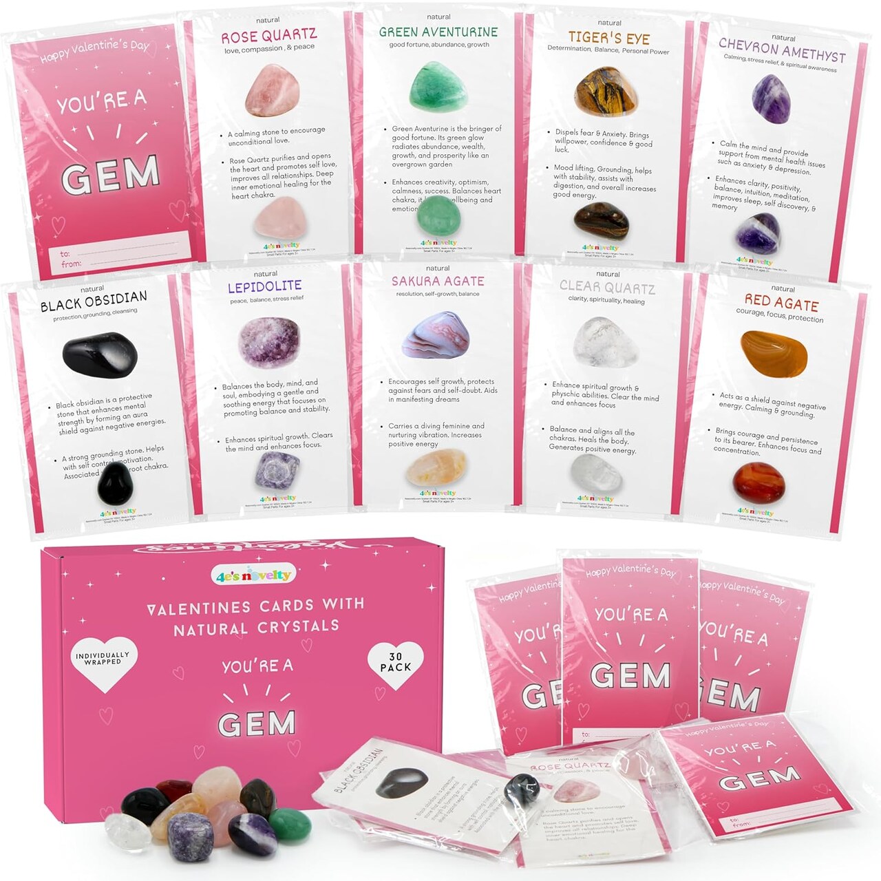 4E's Novelty You're a Gem Cards with Natural Gemstones – 30 Pack Crystal Valentine Exchange Set